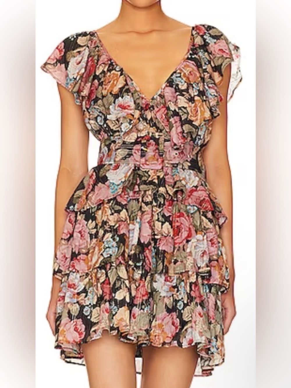 byTiMo Metallic Floral Ruffle Belted Mini Dress Rose Garden S Boho Romantic